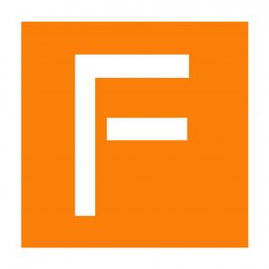 witte hoofdletter F op vierkante oranje ondergrond